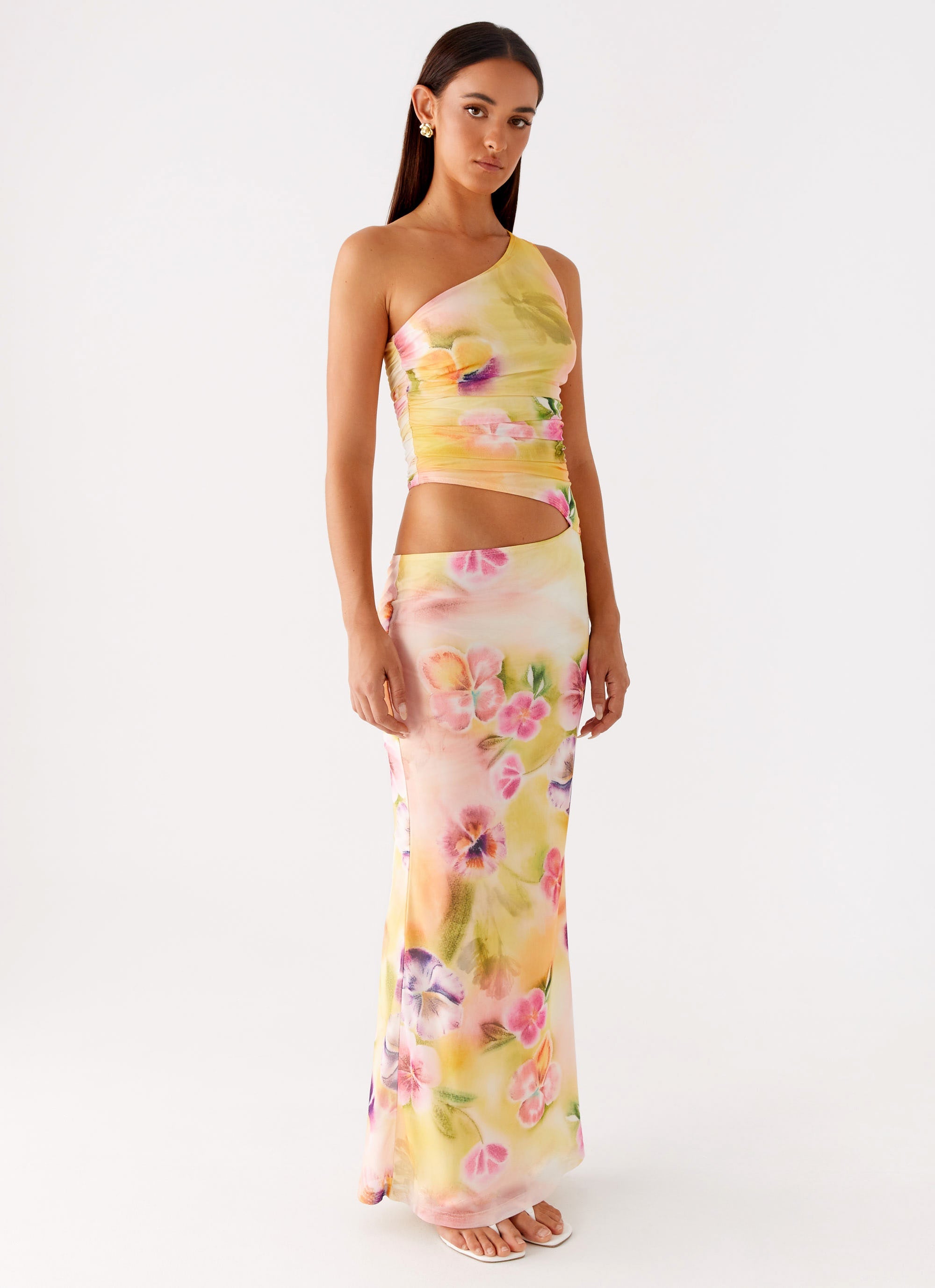Seranella One Shoulder Maxi Dress Sunset Floral 5 Peppermayo