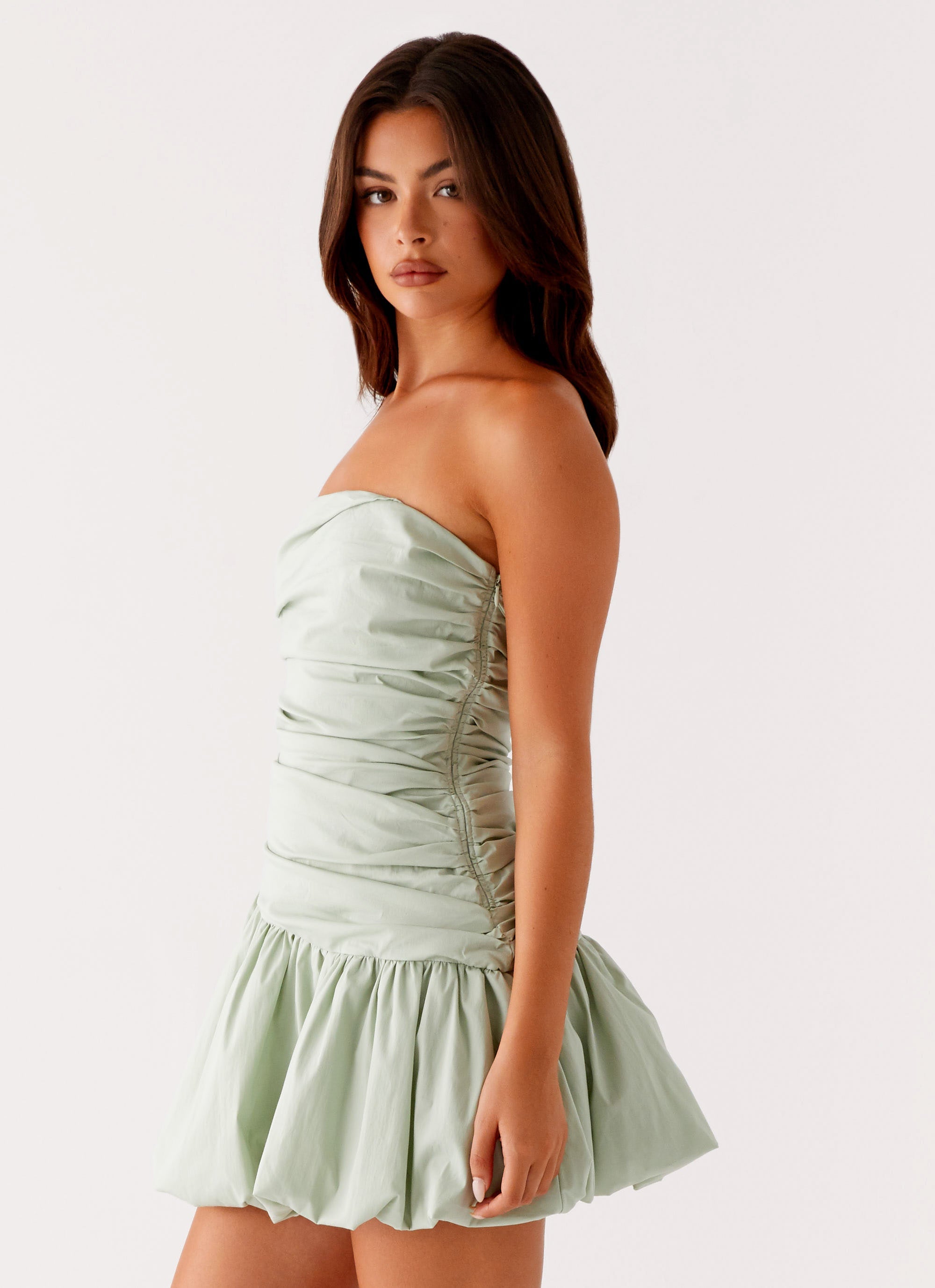 Floria Bubble Mini Dress Sage 2 Peppermayo