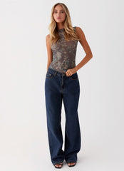 Womens Alana Mesh Top in the colour Brown Floral in front of a light grey background
