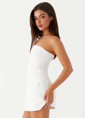Womens Allora Strapless Mini Dress in the colour White in front of a light grey background