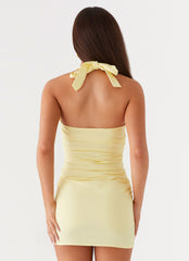Womens Annalissa Linen Mini Dress in the colour Yellow in front of a light grey background