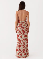 Womens Ardenia Halter Maxi Dress in the colour Red Green Floral in front of a light grey background