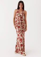 Womens Ardenia Halter Maxi Dress in the colour Red Green Floral in front of a light grey background