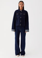 Womens Back Again Straight Leg Denim Jeans in the colour Blue in front of a light grey background