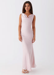 Womens Be Mine Satin Maxi Dress in the colour Mauve Pink in front of a light grey background