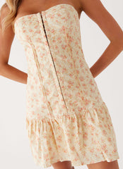 Womens Bloomsbury Bustier Mini Dress in the colour Yellow Ditsy Floral in front of a light grey background