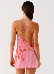 Bohemian Bliss Mesh Mini Dress Tropical Pink Print 3 Peppermayo