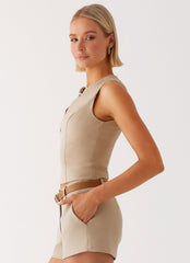 Womens Bonny Fitted Top in the colour Brown in front of a light grey background