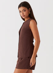 Womens Born For Bordeaux Linen Vest in the colour Brown in front of a light grey background