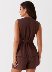 Womens Born For Bordeaux Linen Vest in the colour Brown in front of a light grey background