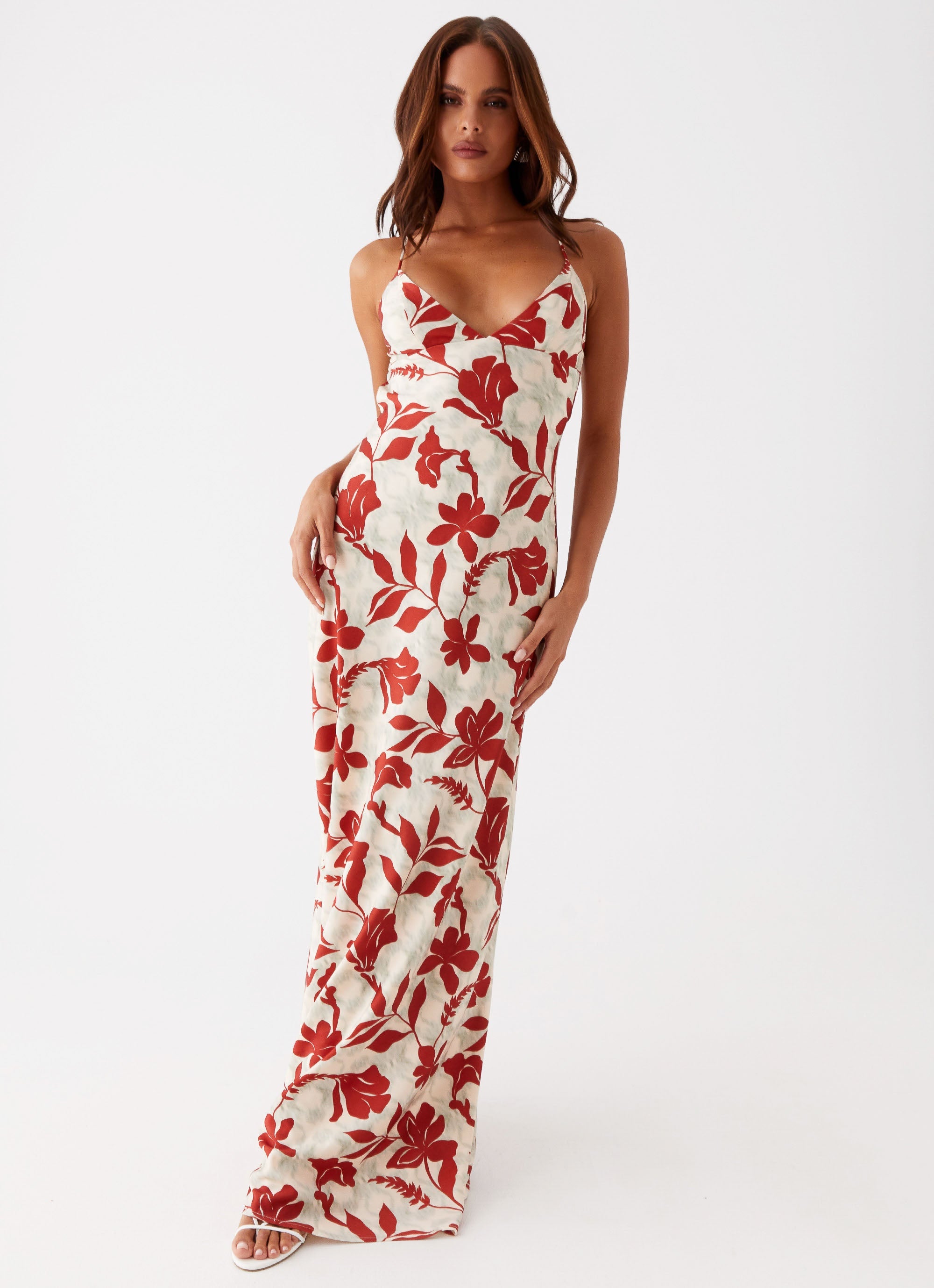 Womens Cecily Maxi Dress in the colour Red Green Floral in front of a light grey background