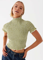 Womens Cleo Tee in the colour Khaki Gingham in front of a light grey background