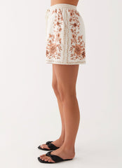 Womens Dreamy Days Linen High Waister Shorts in the colour Ivory in front of a light grey background