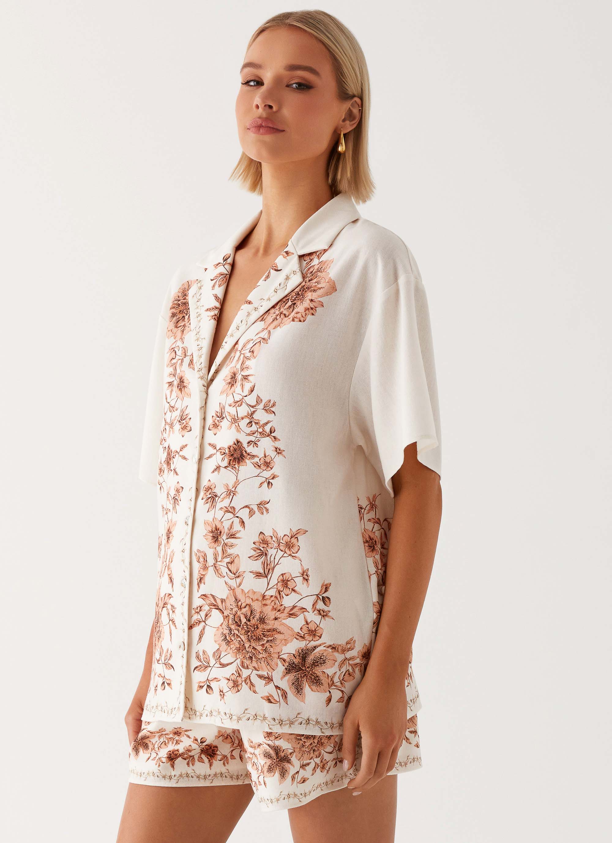 Womens Dreamy Days Oversized Linen Shirt in the colour Ivory in front of a light grey background