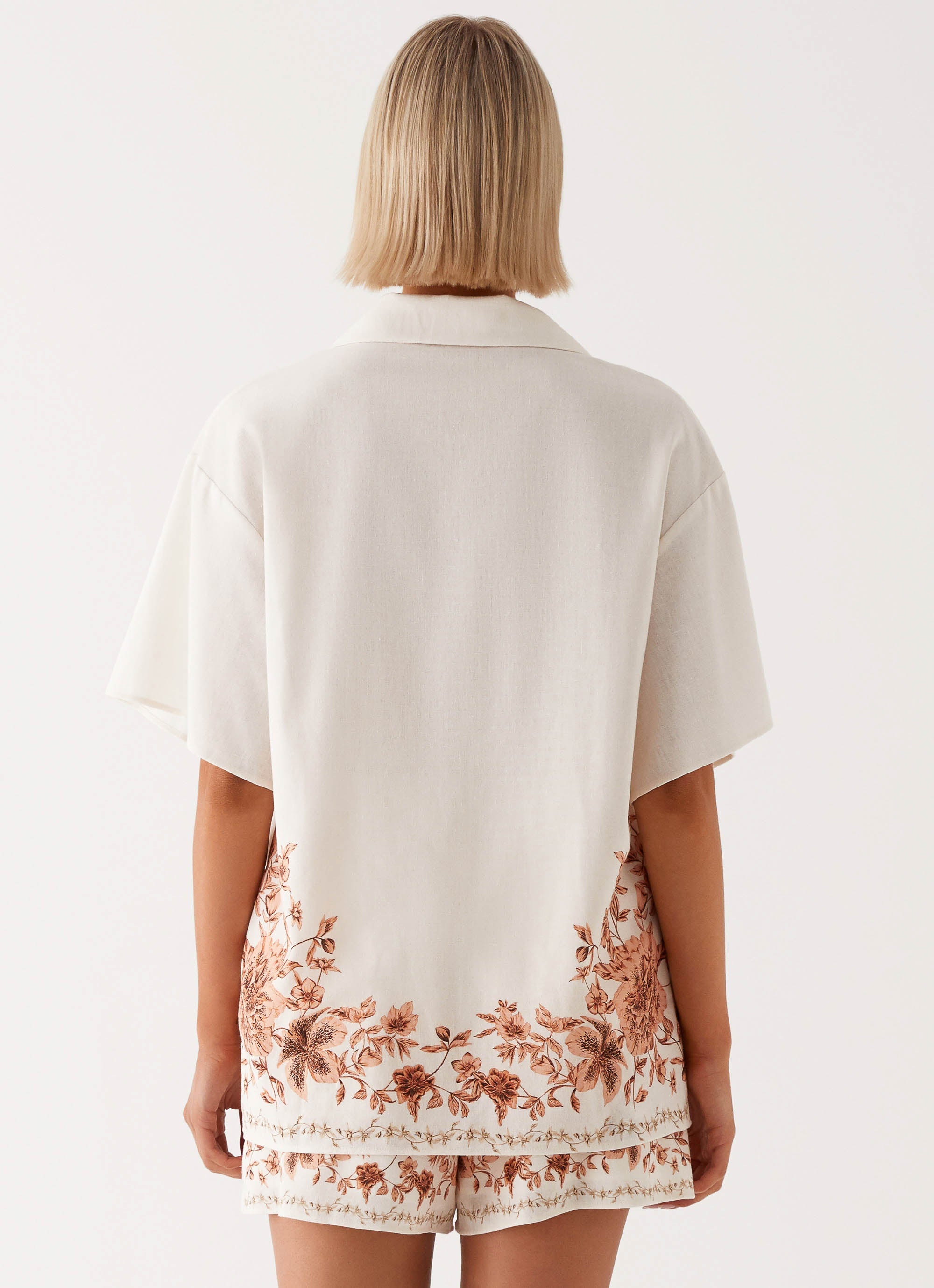 Womens Dreamy Days Oversized Linen Shirt in the colour Ivory in front of a light grey background
