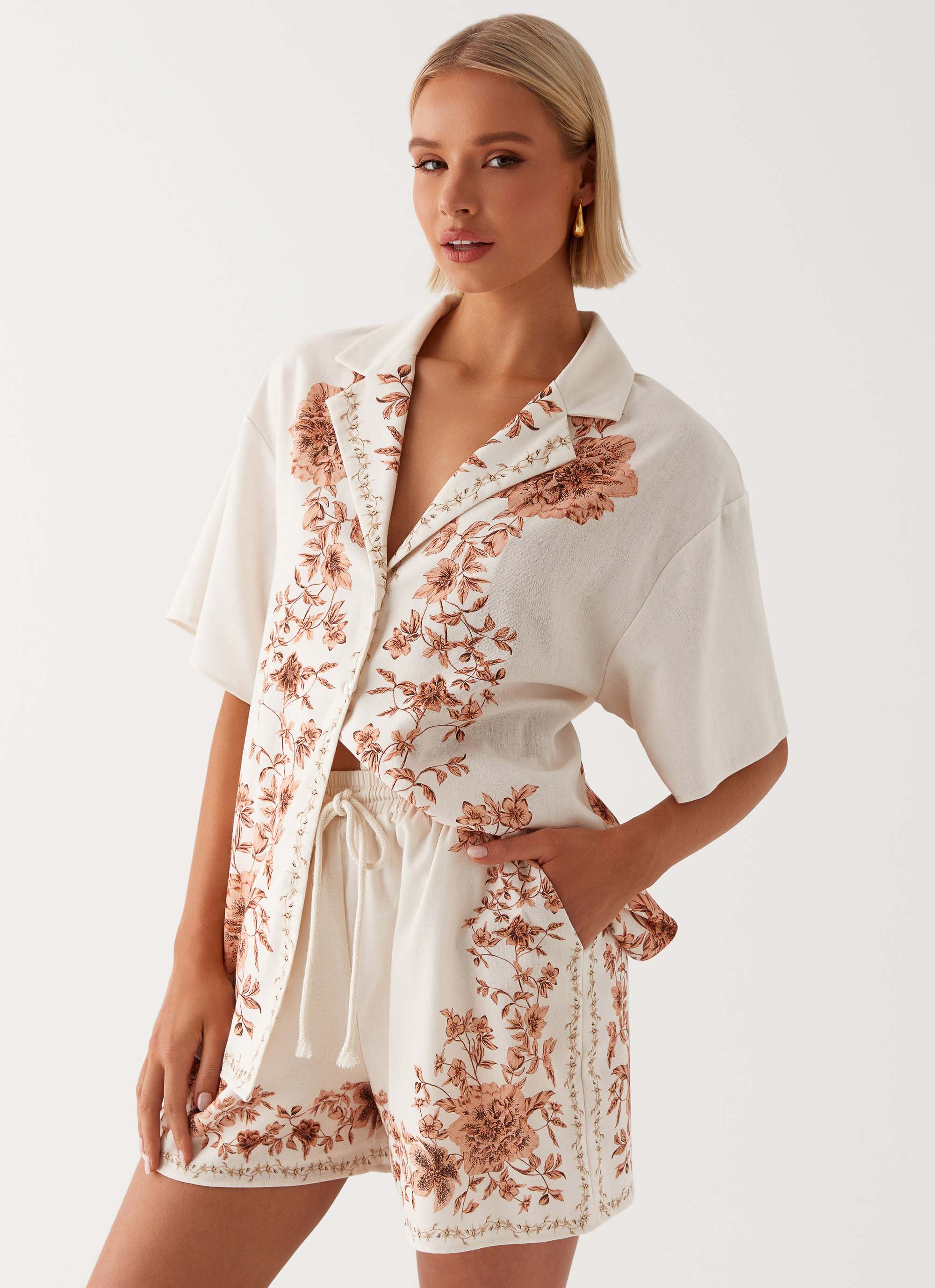 Womens Dreamy Days Oversized Linen Shirt in the colour Ivory in front of a light grey background