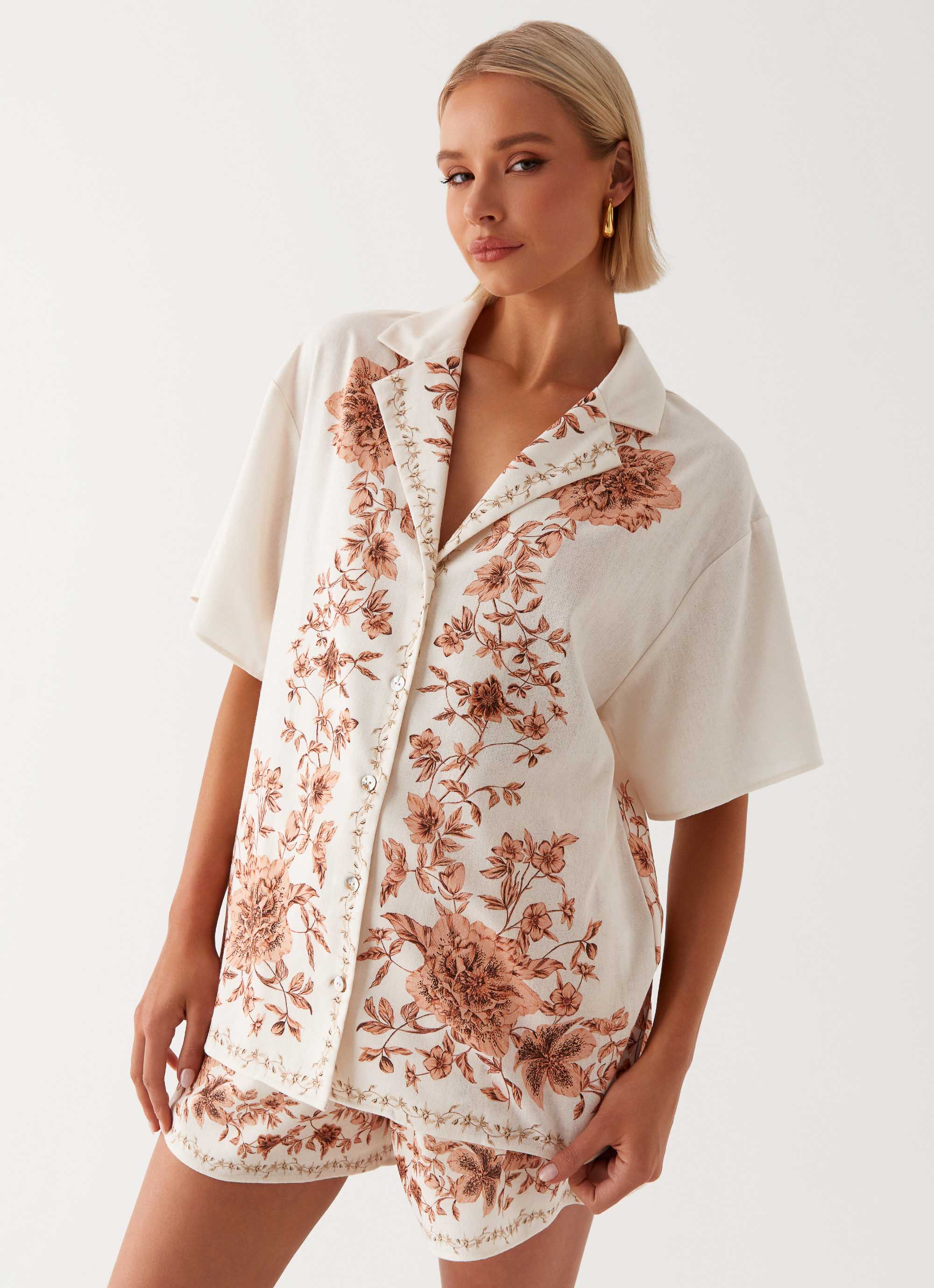 Womens Dreamy Days Oversized Linen Shirt in the colour Ivory in front of a light grey background