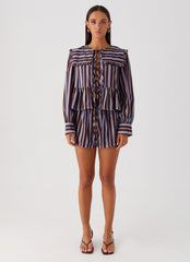 Womens Emerson Tie Front Long Sleeve Top in the colour Purple Brown Stripe in front of a light grey background