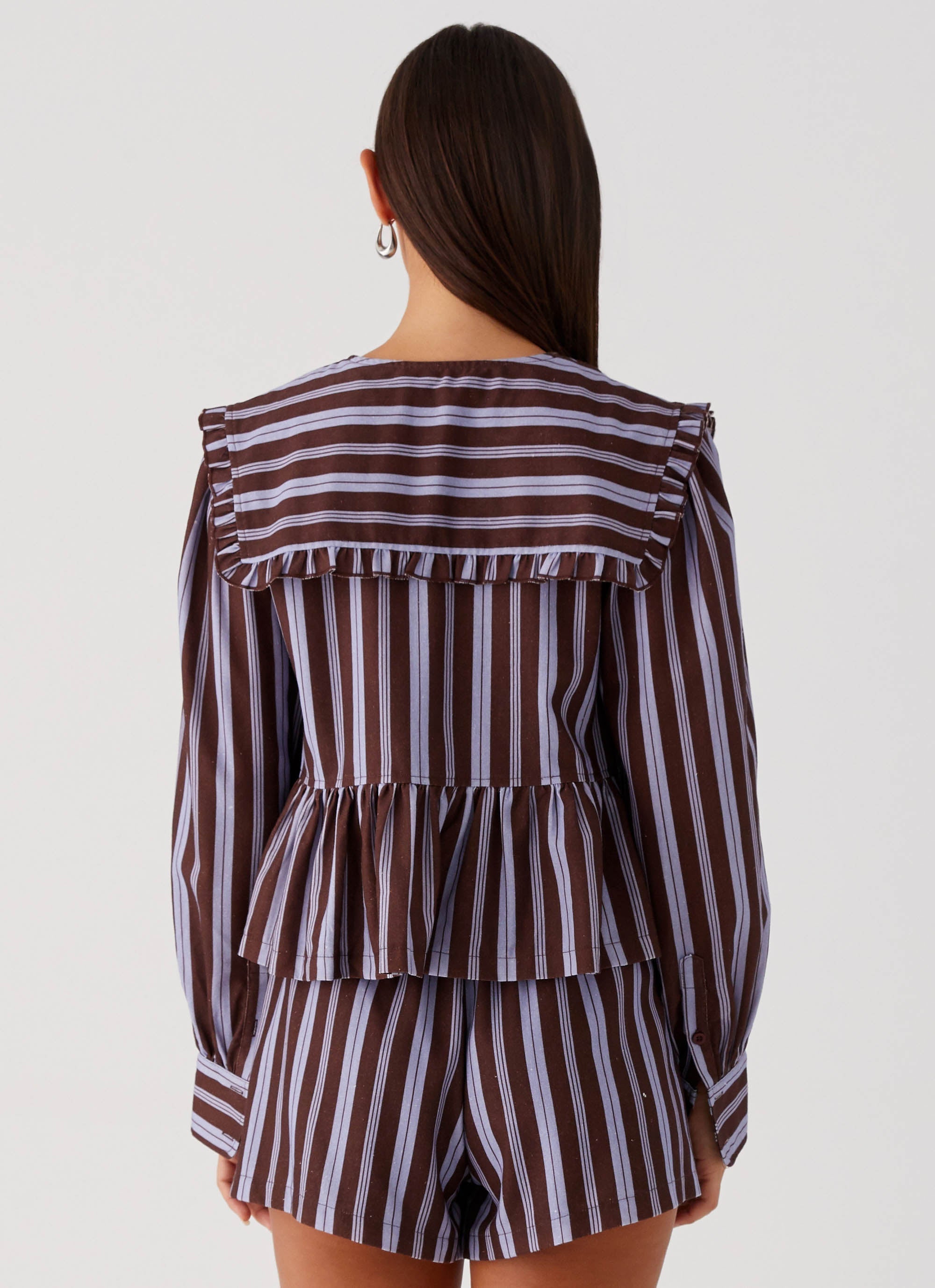 Womens Emerson Tie Front Long Sleeve Top in the colour Purple Brown Stripe in front of a light grey background