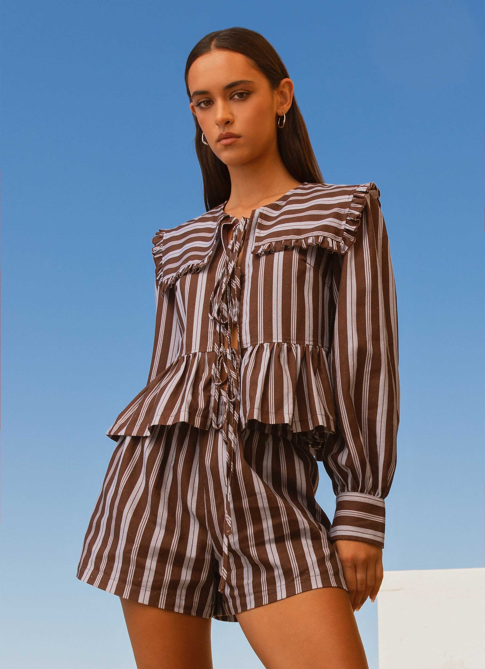 Womens Emerson Tie Front Long Sleeve Top in the colour Purple Brown Stripe in front of a light grey background