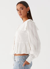 Womens Emerson Tie Front Long Sleeve Top in the colour White in front of a light grey background