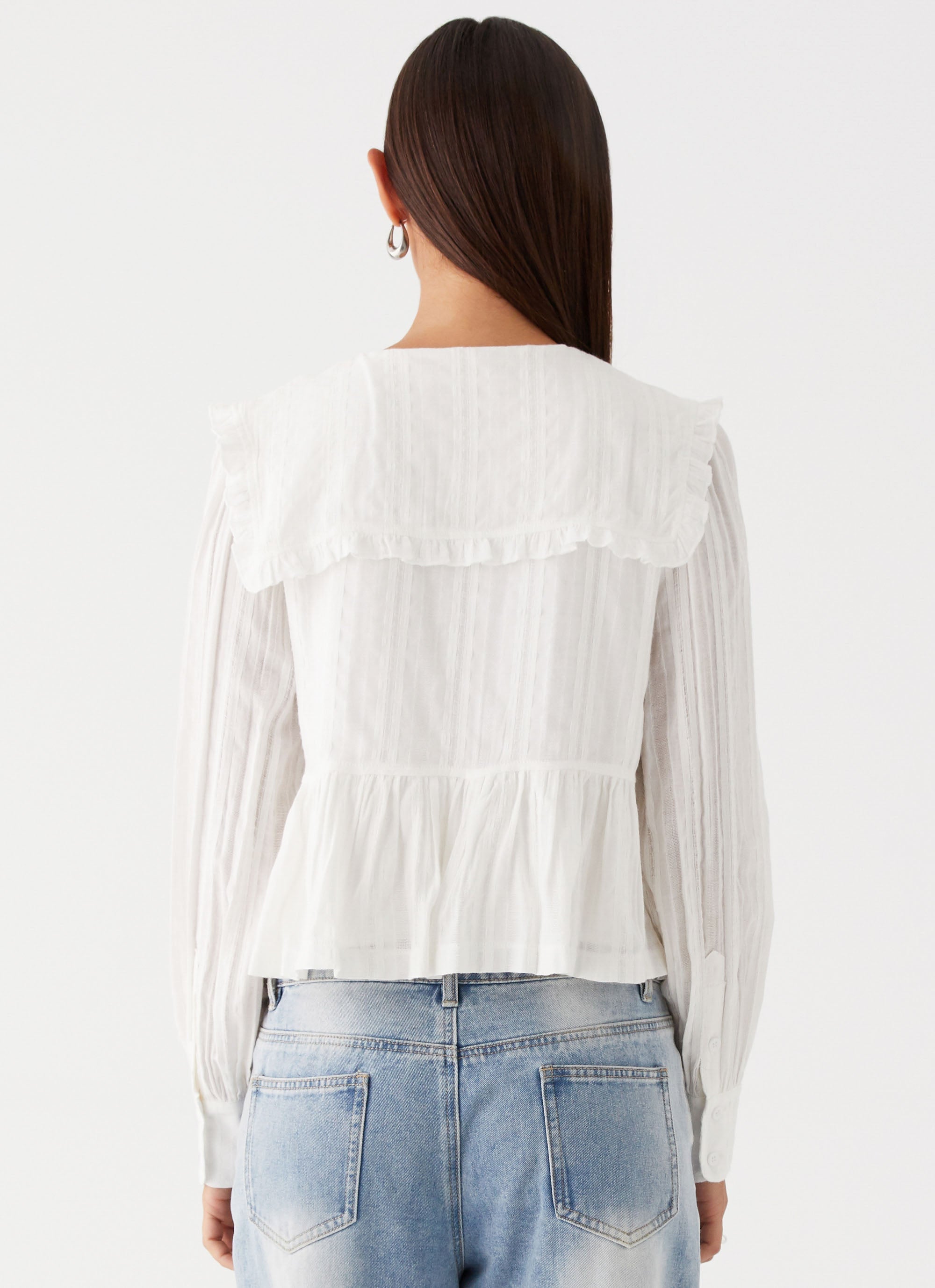 Womens Emerson Tie Front Long Sleeve Top in the colour White in front of a light grey background