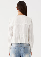 Womens Emerson Tie Front Long Sleeve Top in the colour White in front of a light grey background
