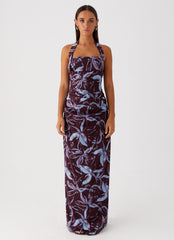 Womens Fauna Halter Maxi Dress in the colour Brown Purple Floral in front of a light grey background
