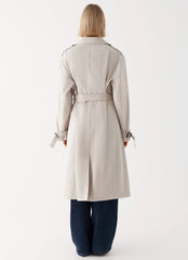 Womens Frenchy Oversized Trench Coat in the colour Stone in front of a light grey background