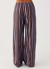 Womens Fresh Face Linen Pants in the colour Purple Brown Stripe in front of a light grey background