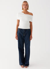 Womens Gabbie Off Shoulder Top in the colour White in front of a light grey background