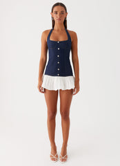 Womens Georgina Denim Mini Dress in the colour Blue in front of a light grey background