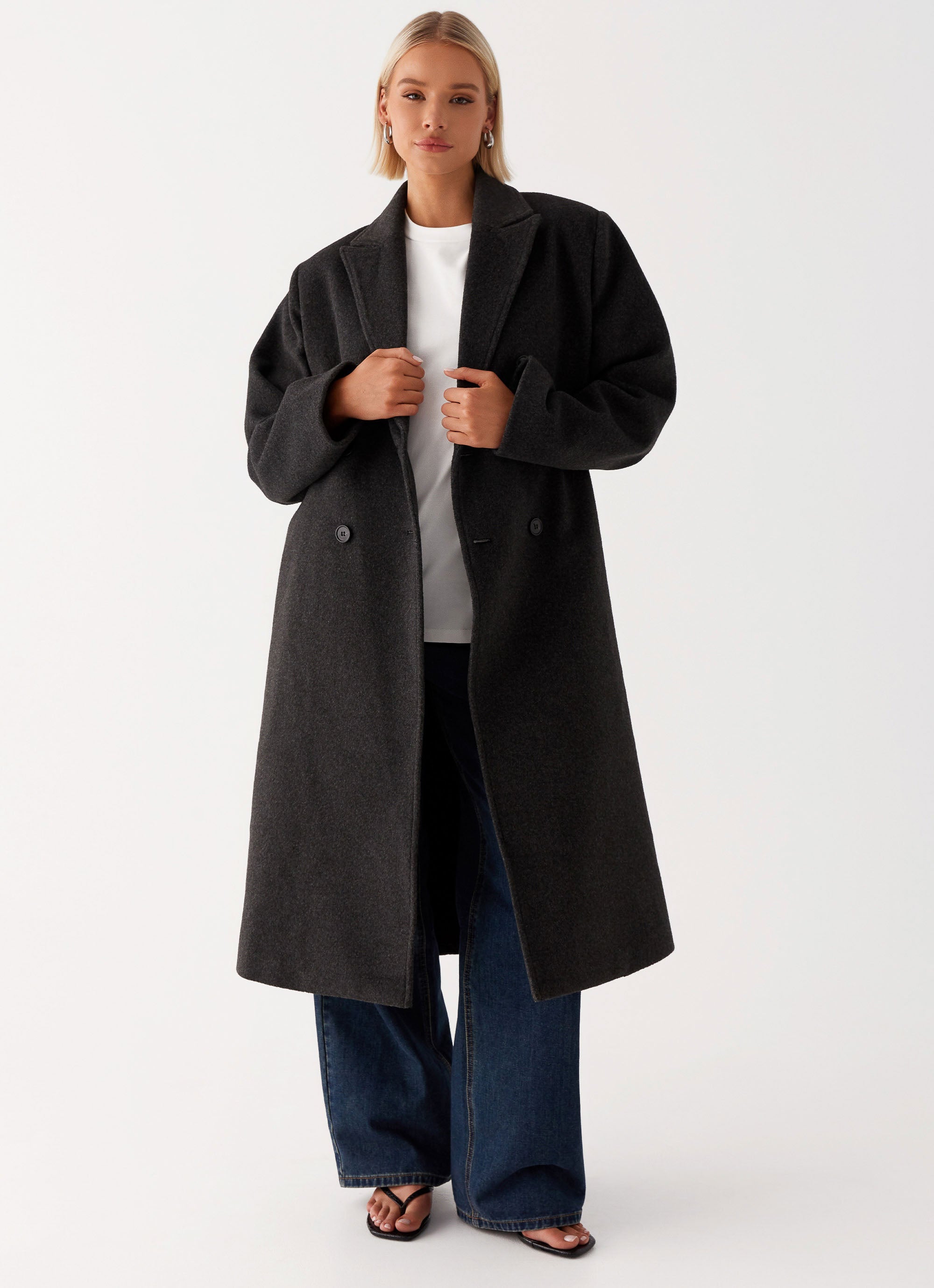 Womens Gianni Double Breast Coat in the colour Charcoal in front of a light grey background