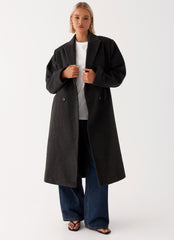 Womens Gianni Double Breast Coat in the colour Charcoal in front of a light grey background