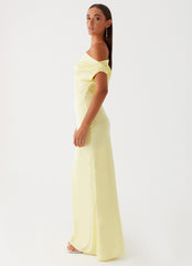 Womens Heart Of Glass Satin Maxi Dress in the colour Yellow in front of a light grey background