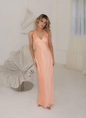 Heavy Hearted Satin Maxi Dress - Peach - Peppermayo US
