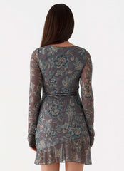 Womens Ines Long Sleeve Mini Dress in the colour Brown Floral in front of a light grey background