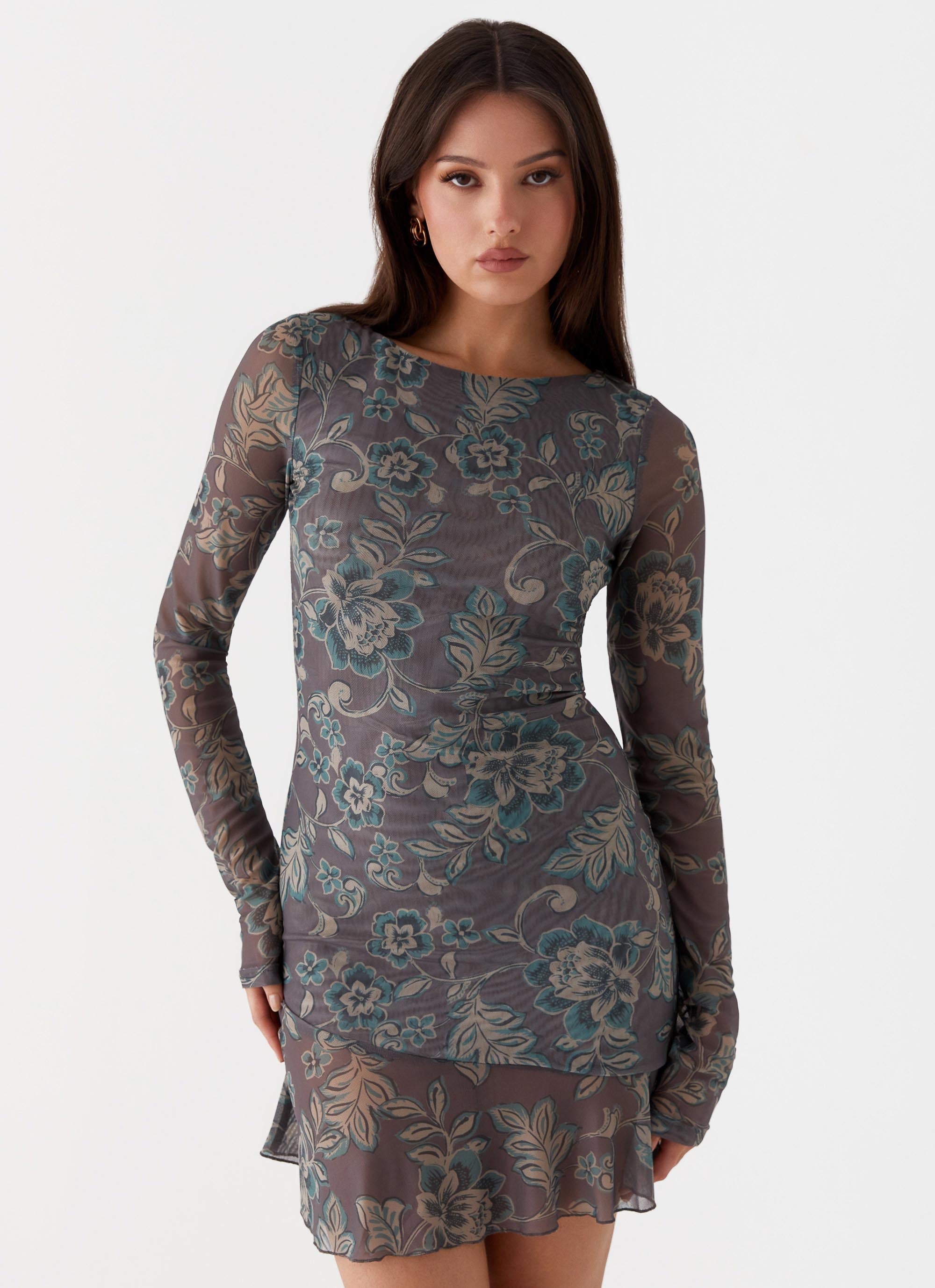 Womens Ines Long Sleeve Mini Dress in the colour Brown Floral in front of a light grey background