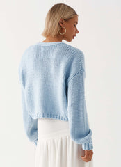 Womens Jasleen Knit Cardigan in the colour Blue in front of a light grey background