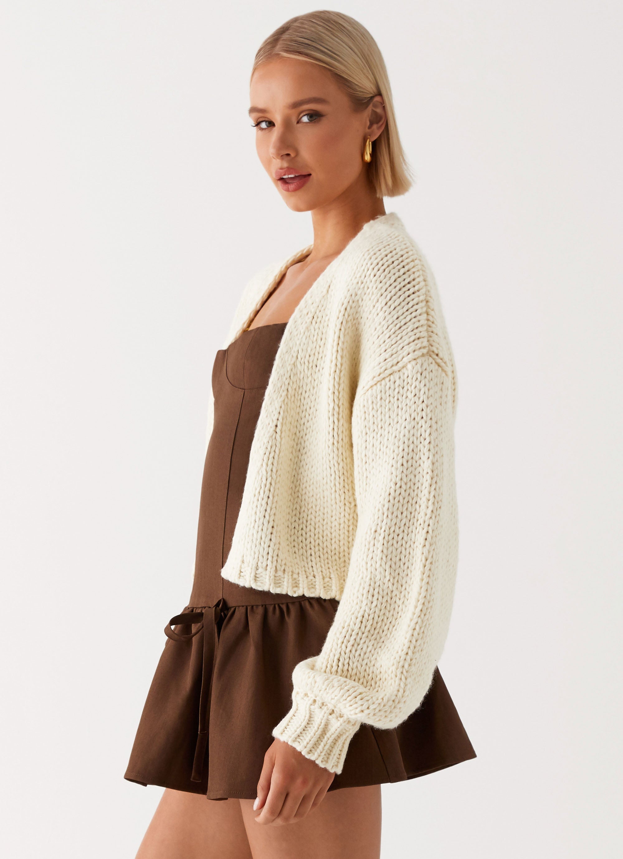 Womens Jasleen Knit Cardigan in the colour Ivory in front of a light grey background