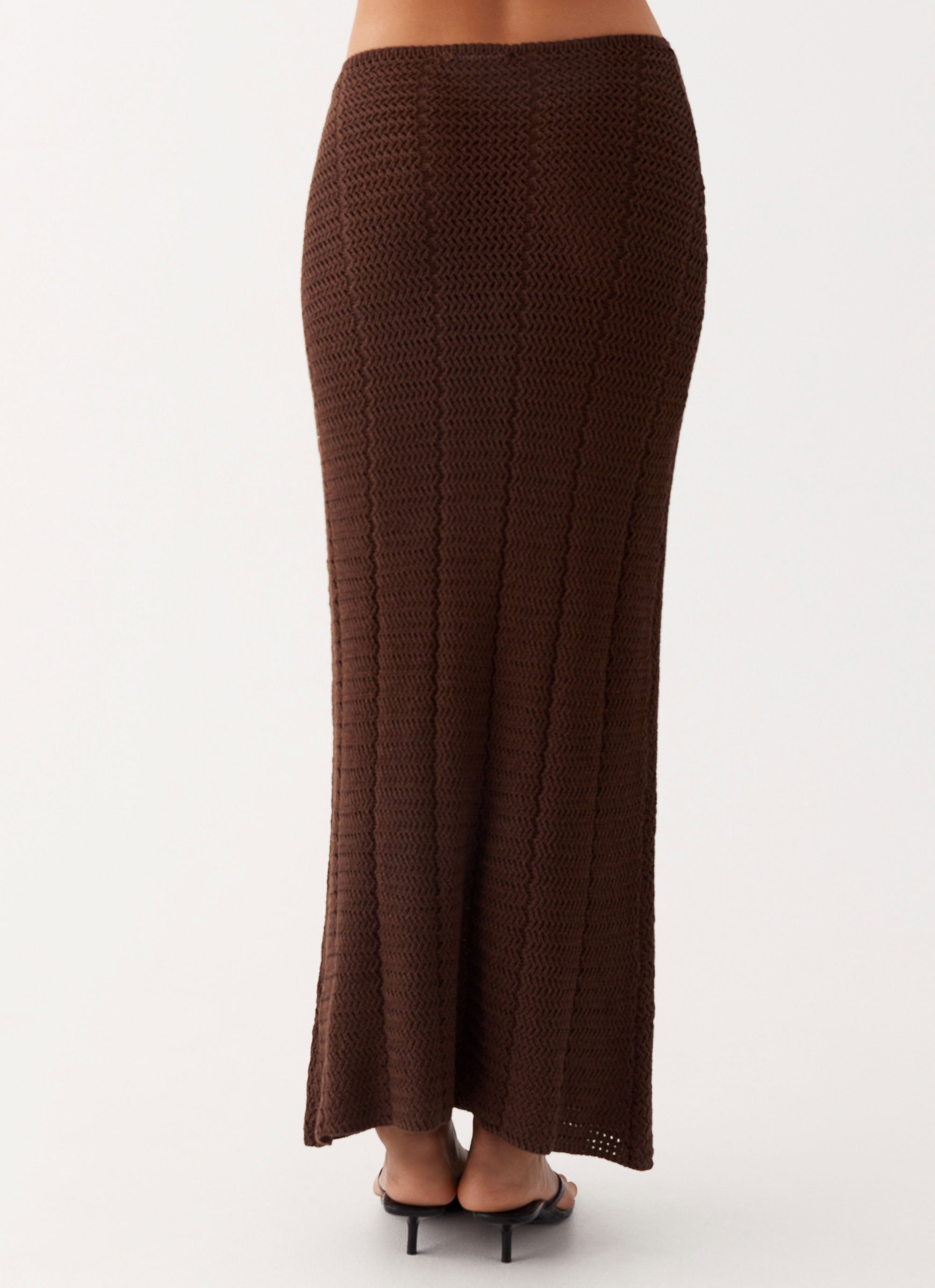 Womens Kelcie Rose Crochet Maxi Skirt in the colour Chocolate in front of a light grey background