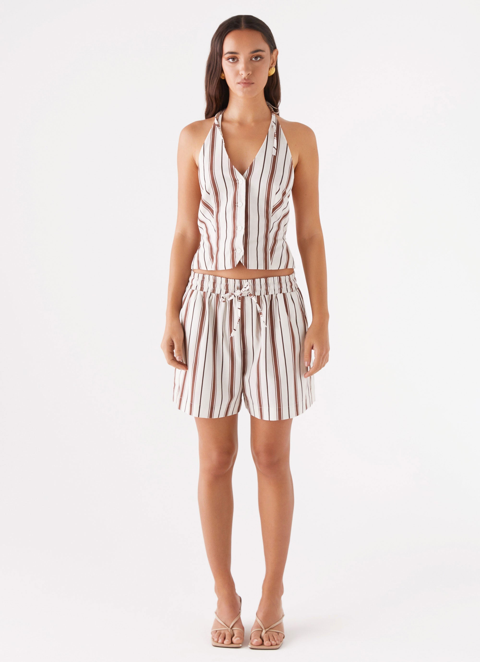Womens Kristen Linen Drawstring Shorts in the colour Brown Stripe in front of a light grey background