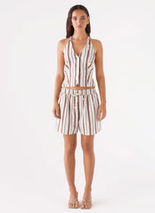 Womens Kristen Linen Drawstring Shorts in the colour Brown Stripe in front of a light grey background