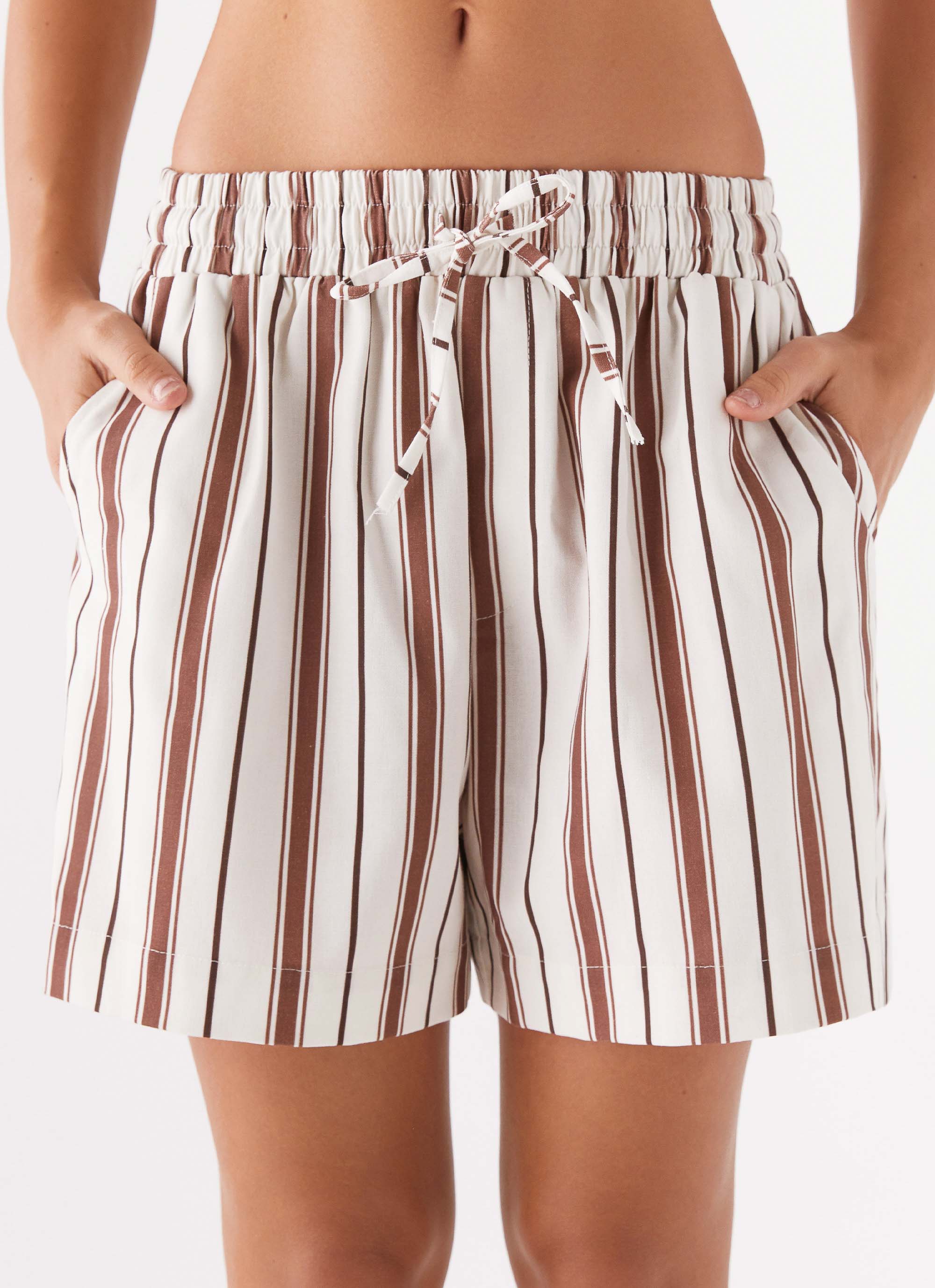Womens Kristen Linen Drawstring Shorts in the colour Brown Stripe in front of a light grey background