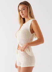 Womens Kyla Crochet Button Up Top in the colour Ivory in front of a light grey background