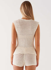 Womens Kyla Crochet Button Up Top in the colour Ivory in front of a light grey background