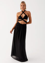 Womens Lady Marmalade Maxi Dress in the colour Black in front of a light grey background