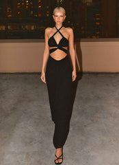 Womens Lady Marmalade Maxi Dress in the colour Black in front of a light grey background