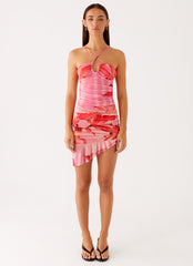 Lissa Halterneck Mini Dress Tropical Pink Print 1 Peppermayo