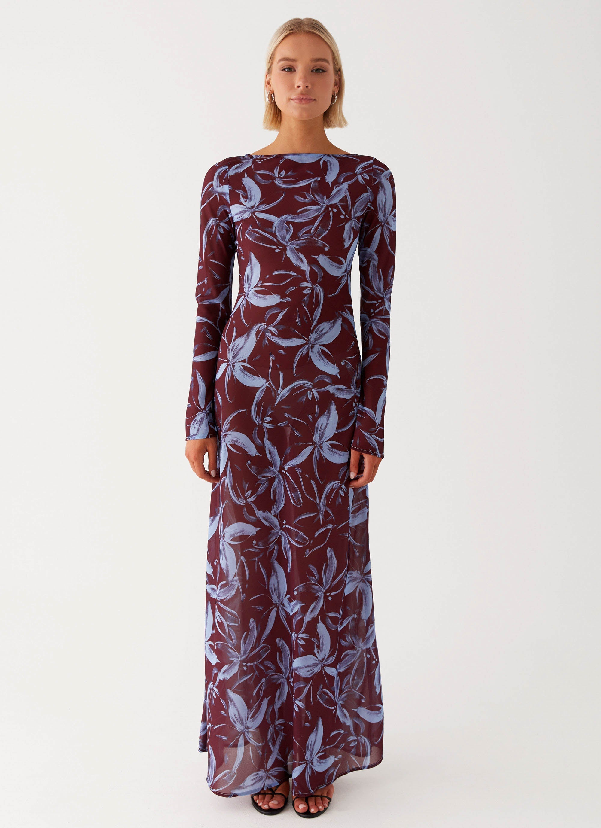 Womens Lorde Maxi Dress in the colour Brown Purple Floral in front of a light grey background